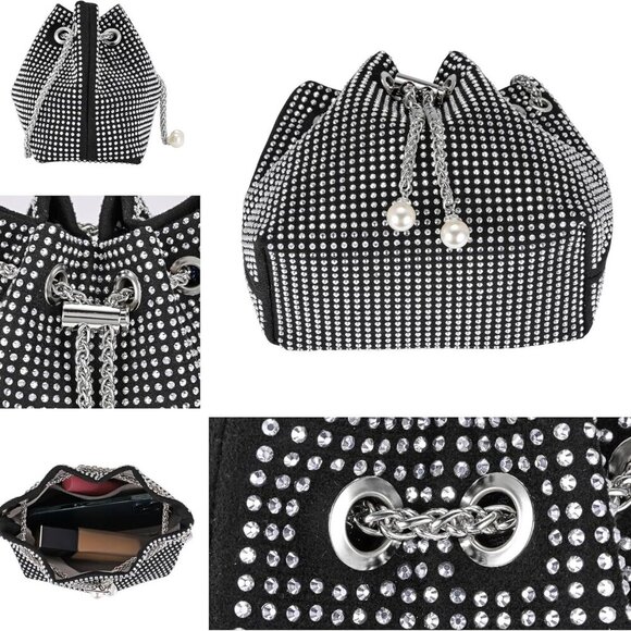 Mini Glitter Pearl Crossbody Clutch Evening Bag for Women, Black, Party Prom - Picture 6 of 6